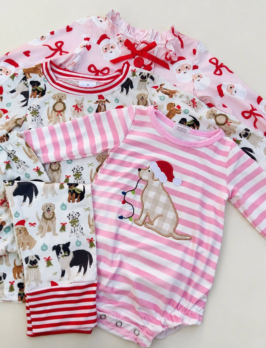 RTS NO MOQ Sibling milk silk Baby Boys Christmas Santa Dog Print Long Sleeve Pant Set Embroidery Romper