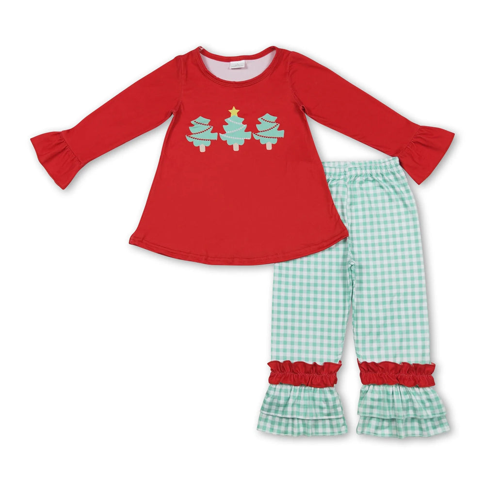RTS NO MOQ Sibling milk silk Baby Girls Pink Santa Print Long Tunic Top Leggings Two Piece Christmas Holiday Clothes Set