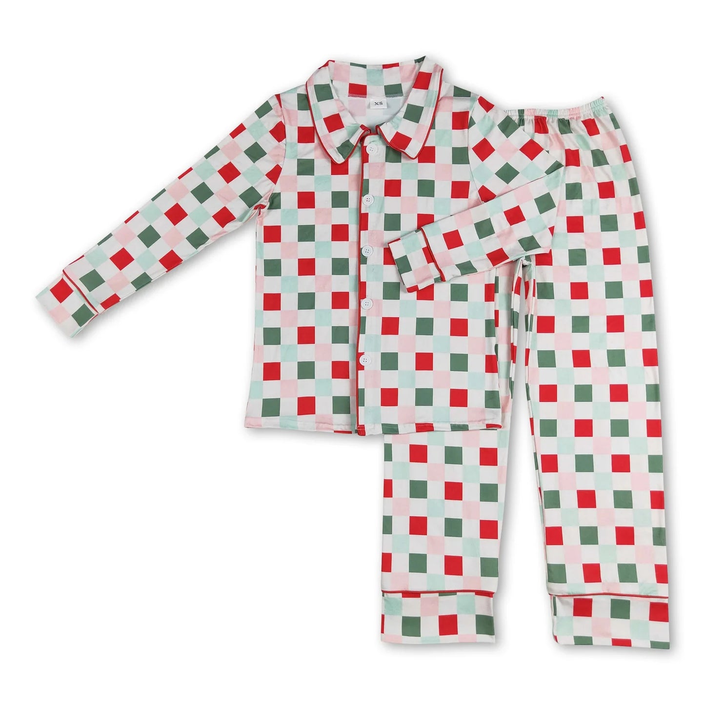 RTS NO MOQ milk silk Sibling Christmas Adult To Match Kids Red Green Check Long Sleeve Top Elastic Waist Pants Christmas Pajama Set