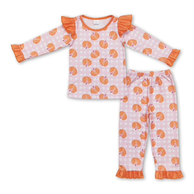RTS NO MOQ Sibling milk silk Baby Girls Pumpkins Plaid Top Ruffle Pants Fall Bamboo Pajamas Sets