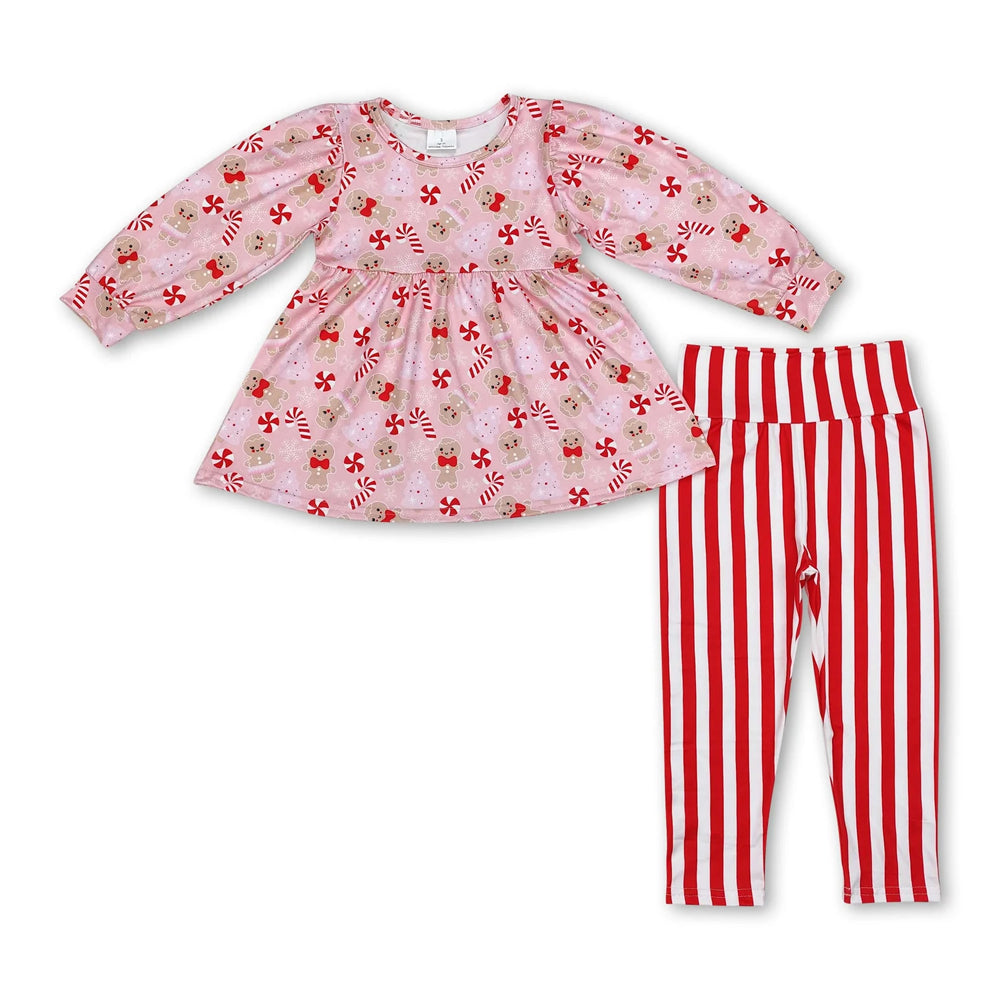 RTS NO MOQ Sibling milk silk Baby Girls Pink Santa Print Long Tunic Top Leggings Two Piece Christmas Holiday Clothes Set