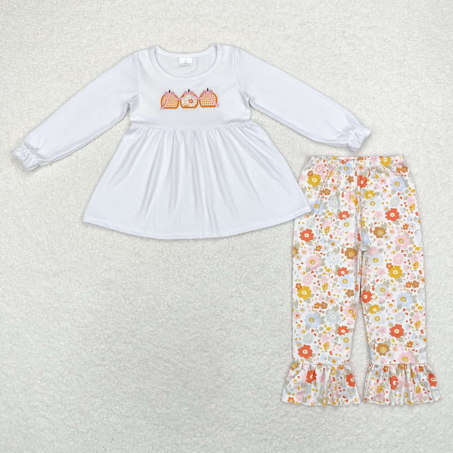 rts no moq GLP1378 Embroidered bow pumpkin white long-sleeved floral trousers set