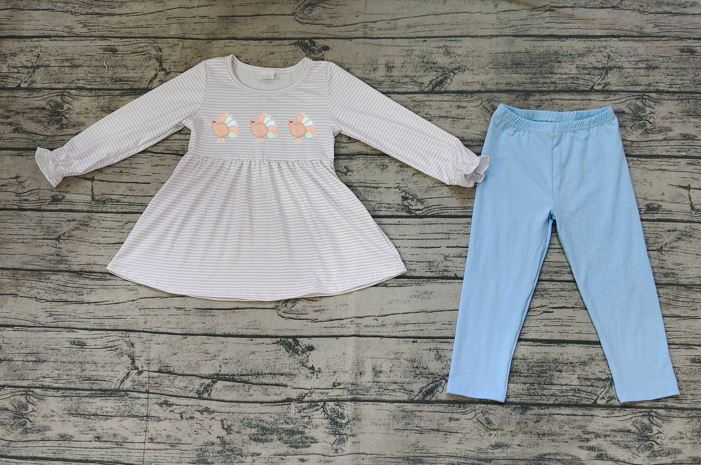 NO MOQ sales GLP1380 baby girls clothes embroidery turkey blue long sleeve pants sets