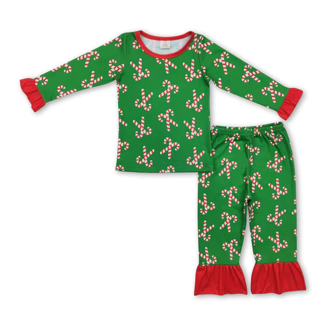 RTS NO MOQ Sibling milk silk Baby Girls Christmas Tree And Cake Print Shirt Pants Bamboo Pajamas Clothes Set