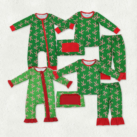 RTS NO MOQ Sibling baby girl boy clothes modal Green long-sleeved suit with red striped cane pattern & rompers