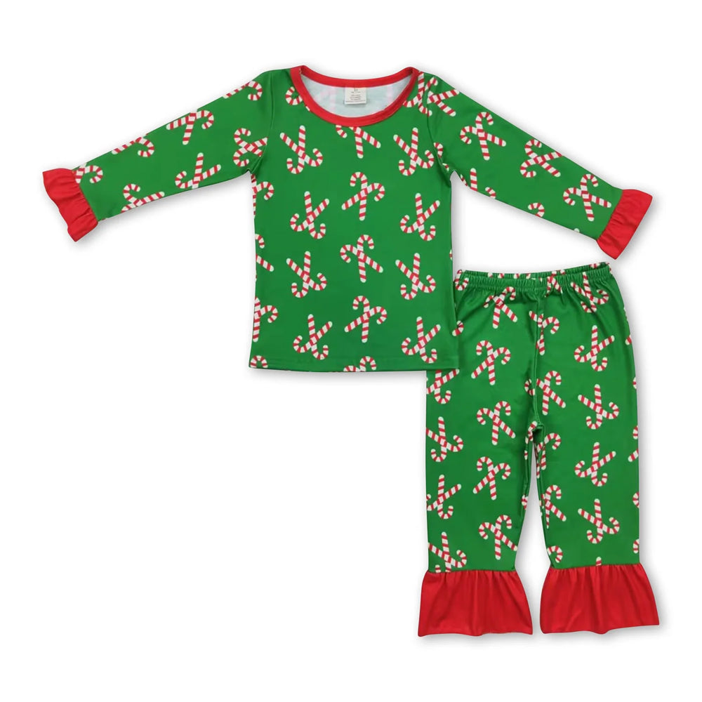 RTS NO MOQ Sibling milk silk Baby Girls Cute Christmas Candy Cane Print Top Pants Bamboo Fiber Pajamas Clothes Set