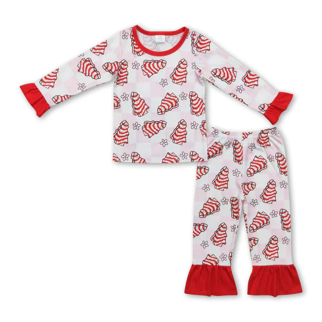 RTS NO MOQ Sibling milk silk Baby Girls Christmas Tree And Cake Print Shirt Pants Bamboo Pajamas Clothes Set