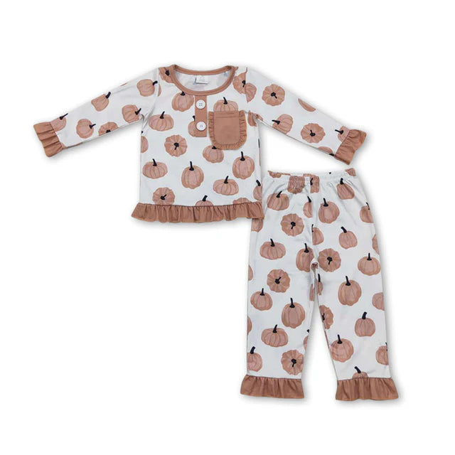 RTS NO MOQ Sibling milk silk Baby Girls Pumpkins Plaid Top Ruffle Pants Fall Bamboo Pajamas Sets