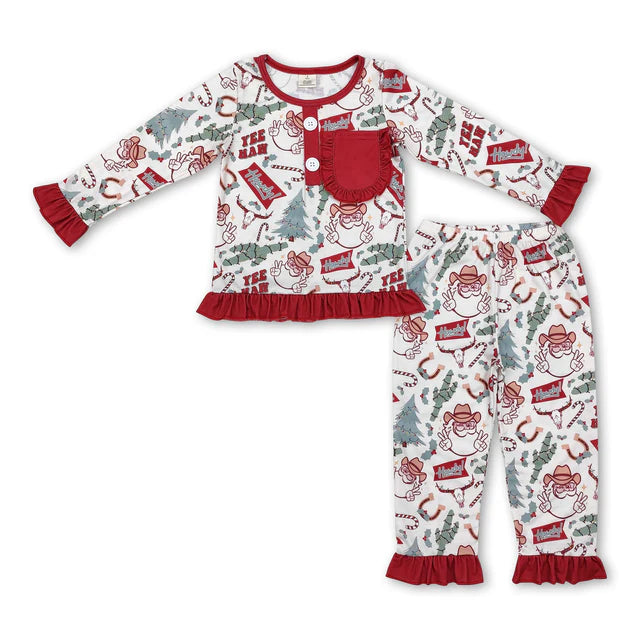 RTS NO MOQ Sibling milk silk Baby Girls Christmas Pocket Shirt Pants Pajamas Clothes Sets