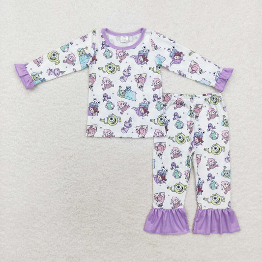 RTS NO MOQ（In Stock) Modal Monsters University purple lace white long-sleeved trousers pajama set
