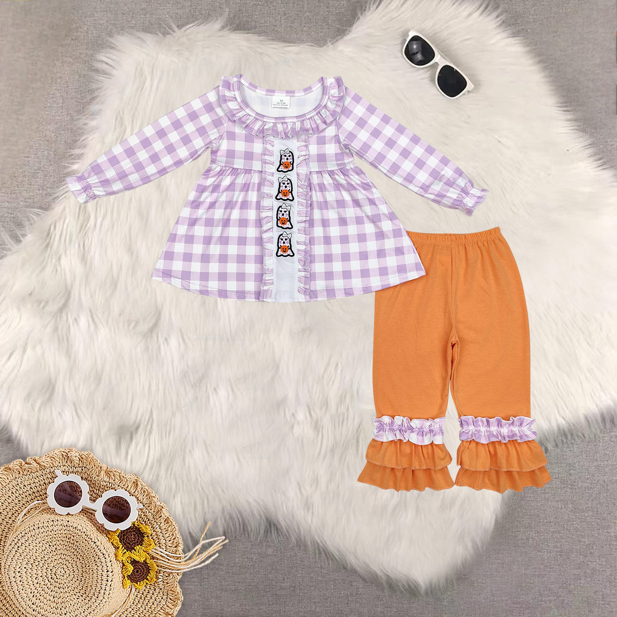 RTS NO MOQ Sibling baby girls clothes embroidery halloween long-sleeved trousers suit & romper & dress