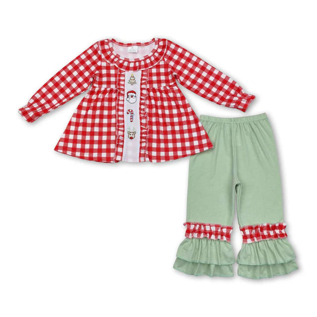 RTS NO MOQ Sibling milk silk Baby Girls Santa Print Checkered Tunic With Ruffle Pants Two Piece Set