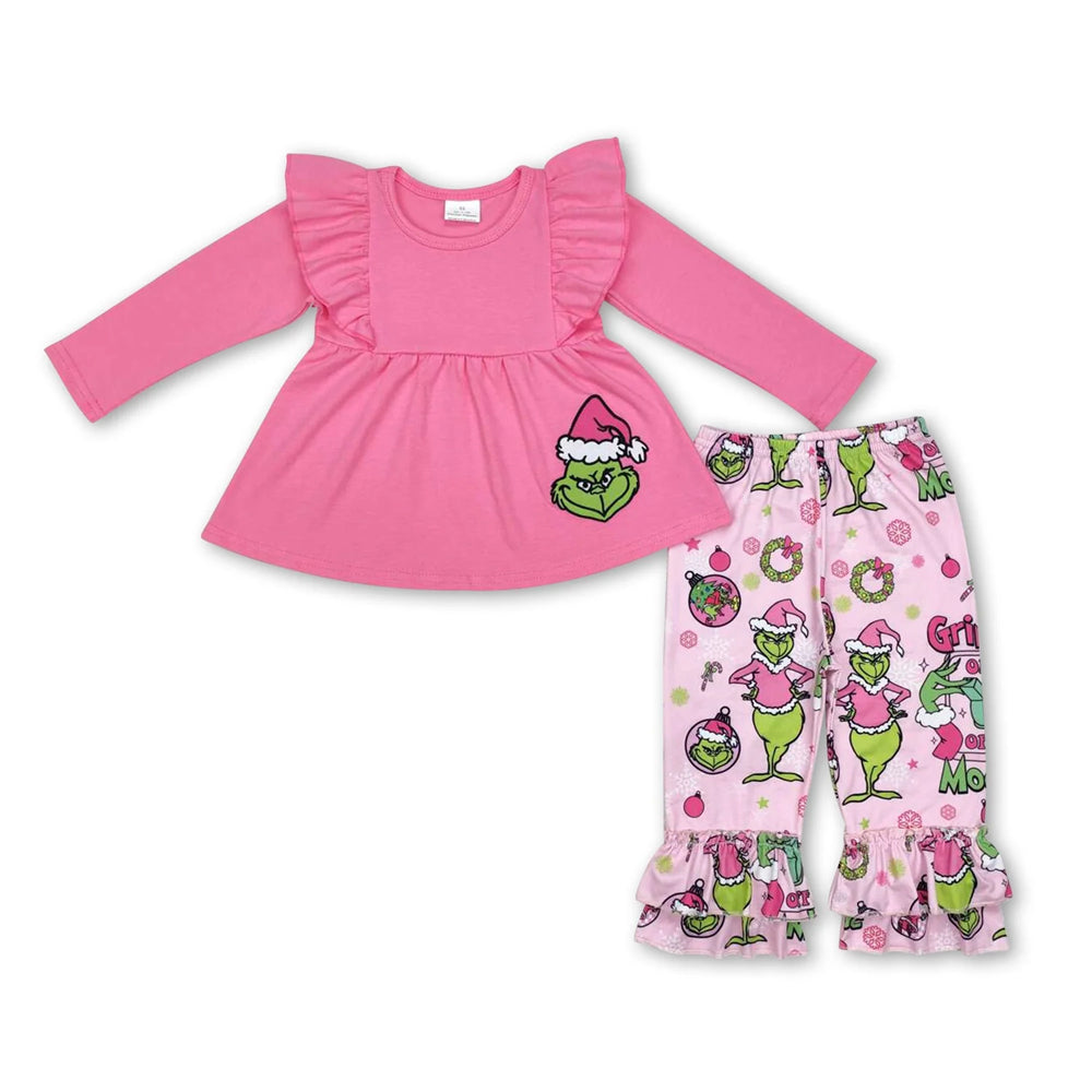 RTS NO MOQ Sibling milk silk Baby Girls Pink Santa Print Long Tunic Top Leggings Two Piece Christmas Holiday Clothes Set