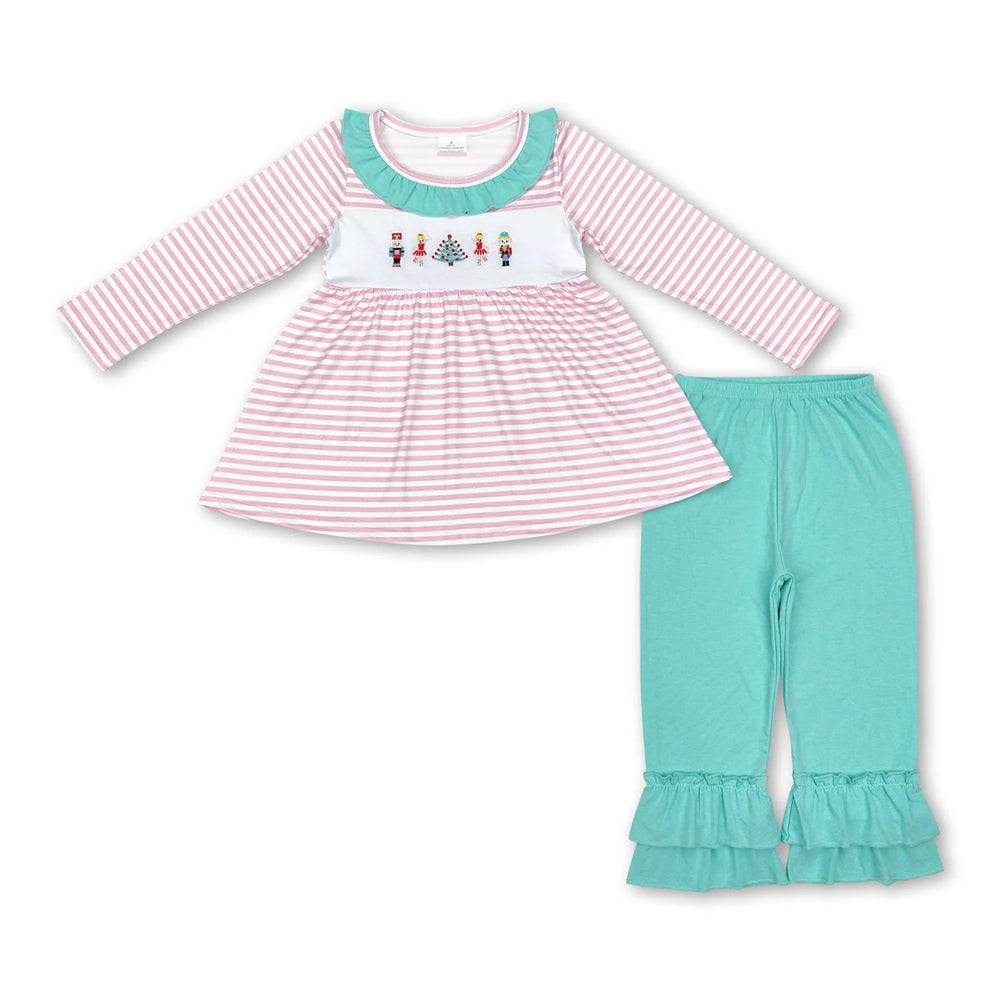 RTS NO MOQ Sibling milk silk Baby Girls Pink Santa Print Long Tunic Top Leggings Two Piece Christmas Holiday Clothes Set