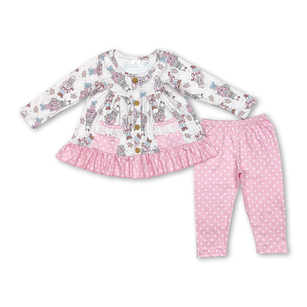 RTS NO MOQ Sibling milk silk Baby Girls Pink Santa Print Long Tunic Top Leggings Two Piece Christmas Holiday Clothes Set