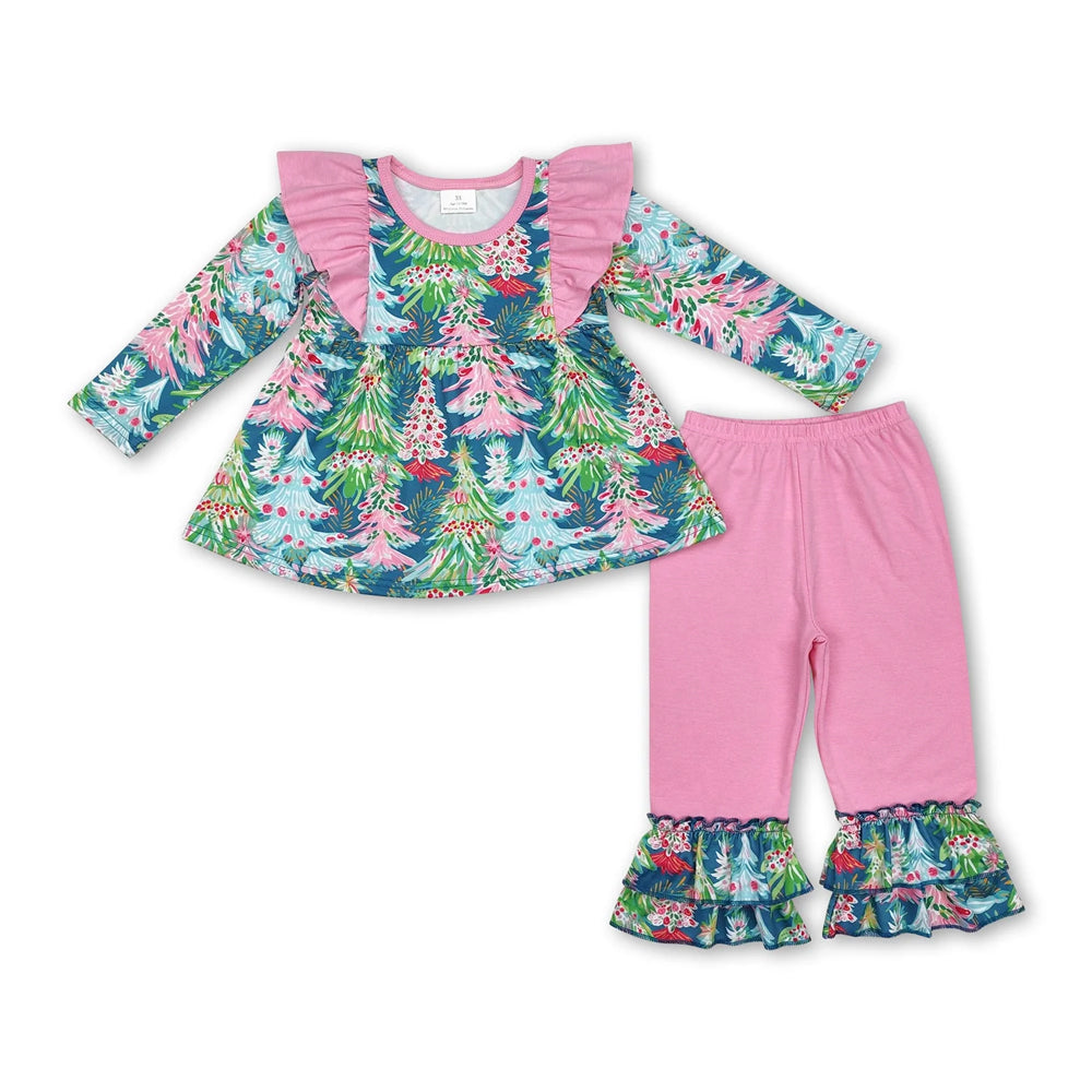 RTS NO MOQ Sibling milk silk Baby Girls Pink Santa Print Long Tunic Top Leggings Two Piece Christmas Holiday Clothes Set