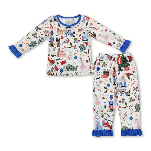 RTS NO MOQ Sibling milk silk Baby Girls Christmas Red Flowers Smile Print Top Pants Bamboo Pajamas Clothes Set