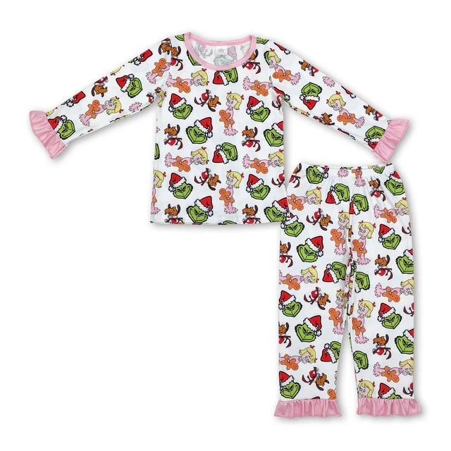 RTS NO MOQ Sibling milk silk Baby Girls Christmas Red Flowers Smile Print Top Pants Bamboo Pajamas Clothes Set