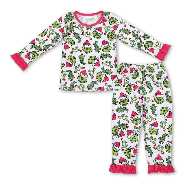 RTS NO MOQ Sibling milk silk Baby Girls Christmas Red Flowers Smile Print Top Pants Bamboo Pajamas Clothes Set