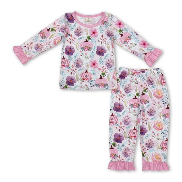 RTS NO MOQ Sibling milk silk Baby Girls Pumpkins Plaid Top Ruffle Pants Fall Bamboo Pajamas Sets