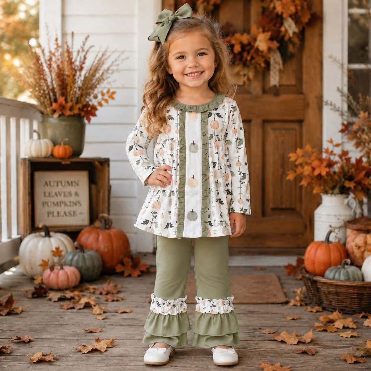 rts no moq GLP1499 Embroidered pumpkin leaf lace white and green long sleeves and trousers