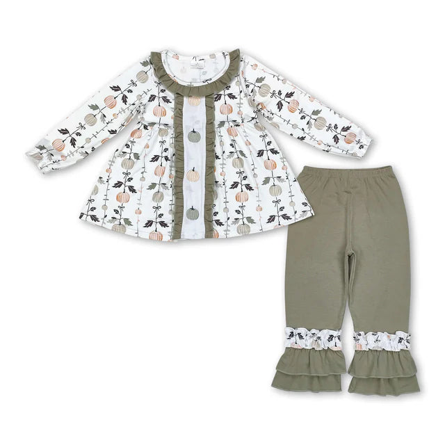 RTS NO MOQ Sibling milk silk Baby Girls Embroidery Fall Flowers Bows Pumpkins Loose Tunic Top Ruffle Hem Pants Two Piece Clothes Sets