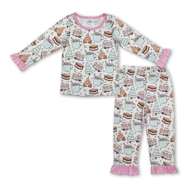 RTS NO MOQ Sibling milk silk Baby Girls Fall Cookies And Cars Print Bamboo Fabric Pajamas Outfit Set