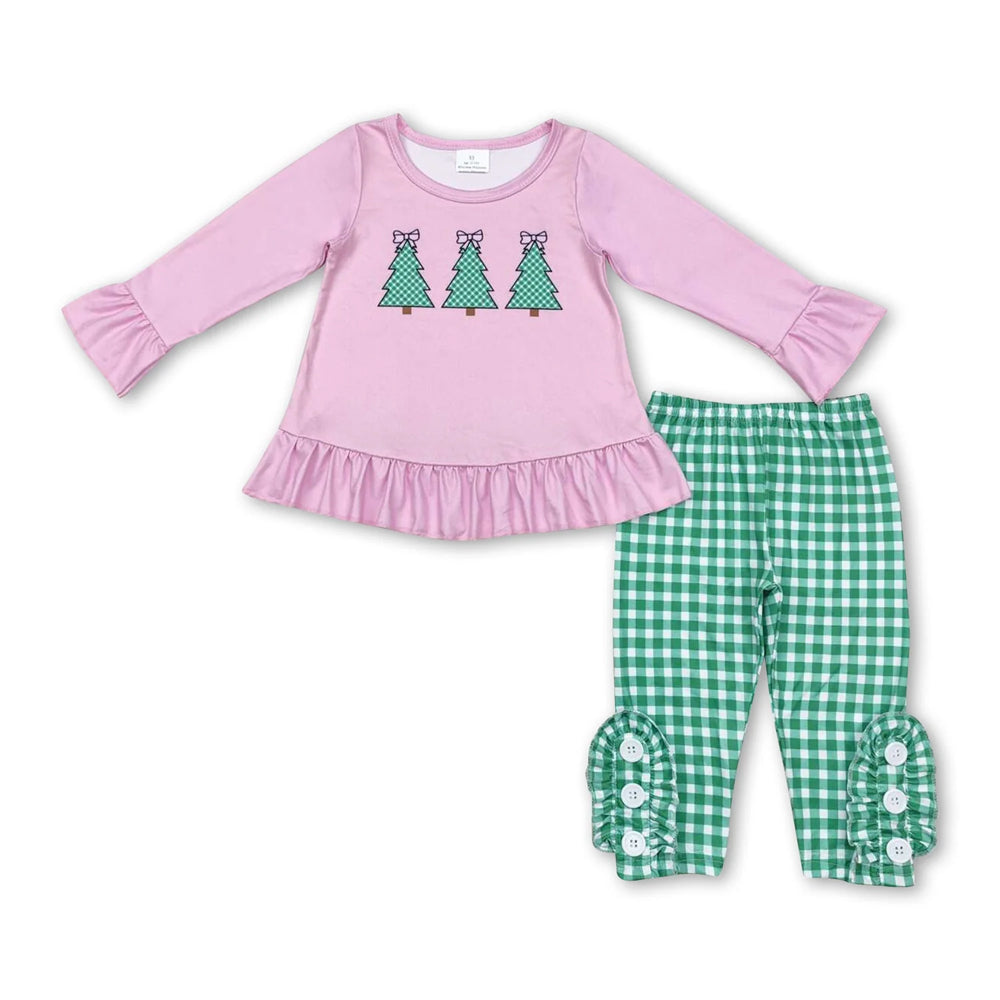 RTS NO MOQ Sibling milk silk Baby Girls Pink Santa Print Long Tunic Top Leggings Two Piece Christmas Holiday Clothes Set