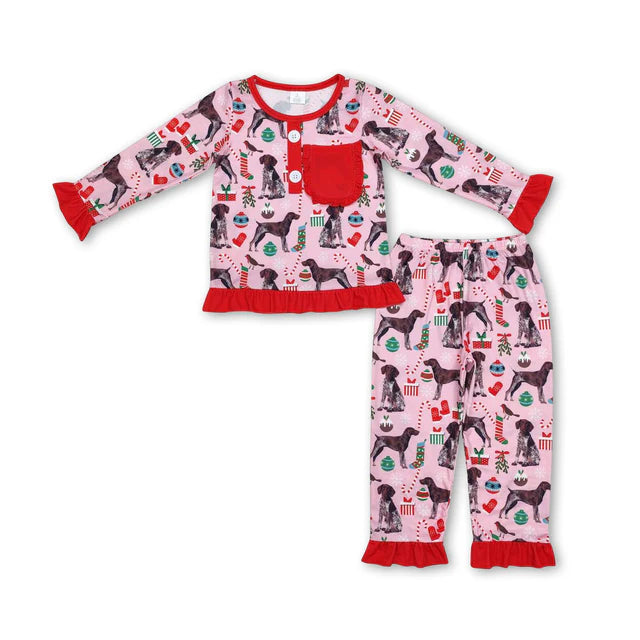 RTS NO MOQ Sibling milk silk Baby Girls Christmas Pocket Shirt Pants Pajamas Clothes Sets