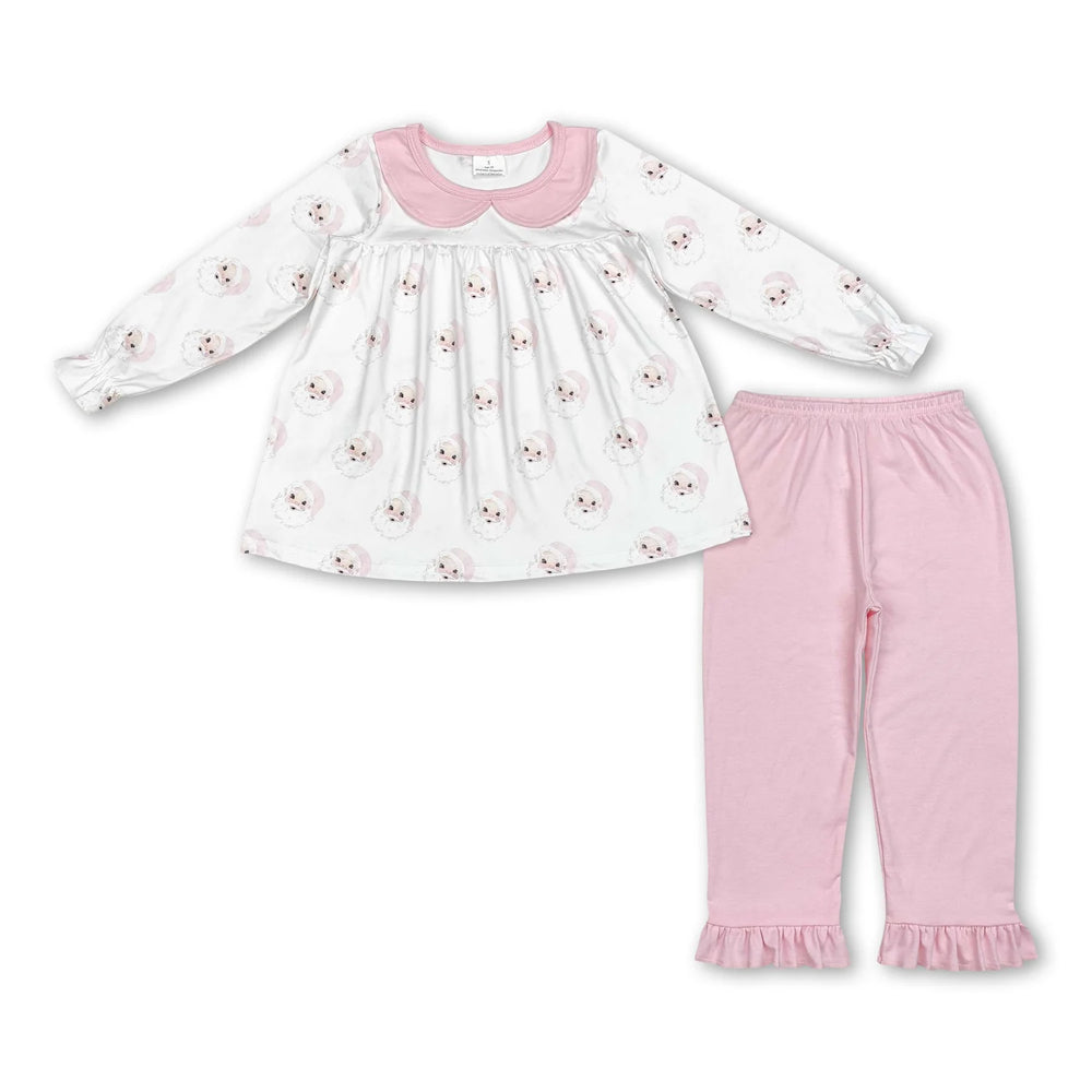 RTS NO MOQ Sibling milk silk Baby Girls Pink Santa Print Long Tunic Top Leggings Two Piece Christmas Holiday Clothes Set