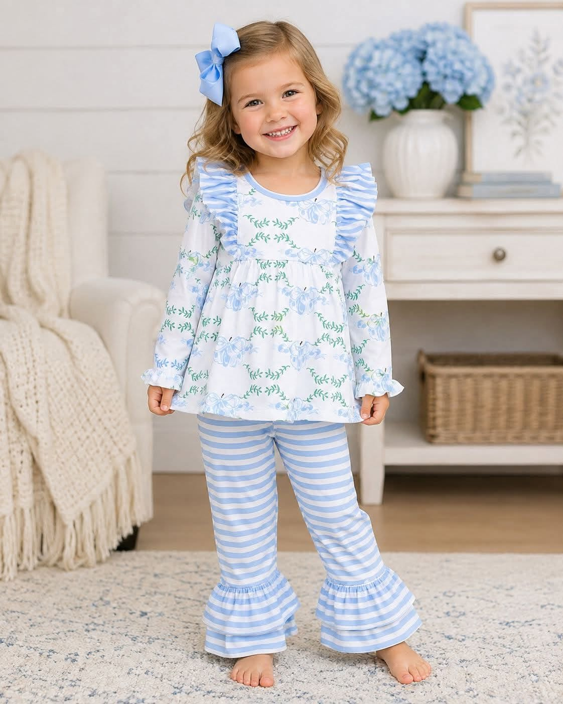 RTS NO MOQ（In Stock) GLP1548 White long-sleeved trouser suit with blue pumpkin leaf stripes and lace