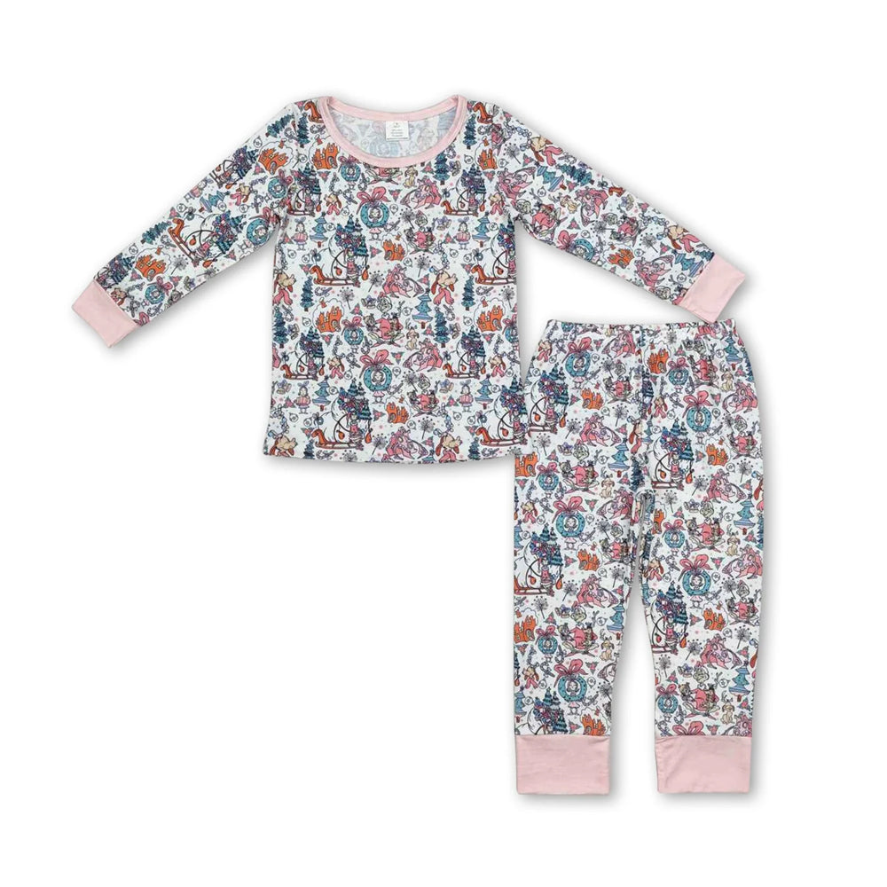 RTS NO MOQ Sibling milk silk Baby Girls Christmas Print Red Short Sleeve Tee And Long Pants Two Piece Bamboo Fiber Pajamas Clothes Set