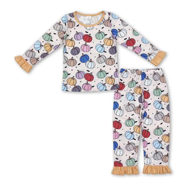 RTS NO MOQ Sibling milk silk Baby Girls Pumpkin Bows Print Long Sleeve Top Pants Two Piece Bamboo Fabric Pajamas Clothes Sets