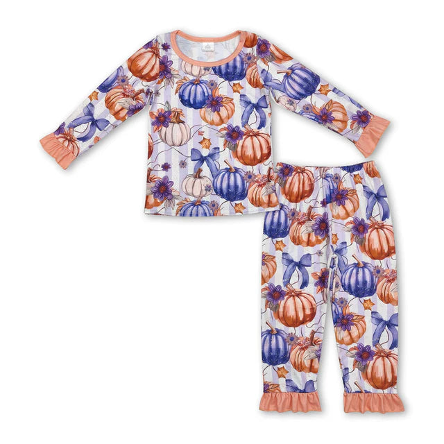 RTS NO MOQ Sibling milk silk Baby Girls Pumpkins Plaid Top Ruffle Pants Fall Bamboo Pajamas Sets