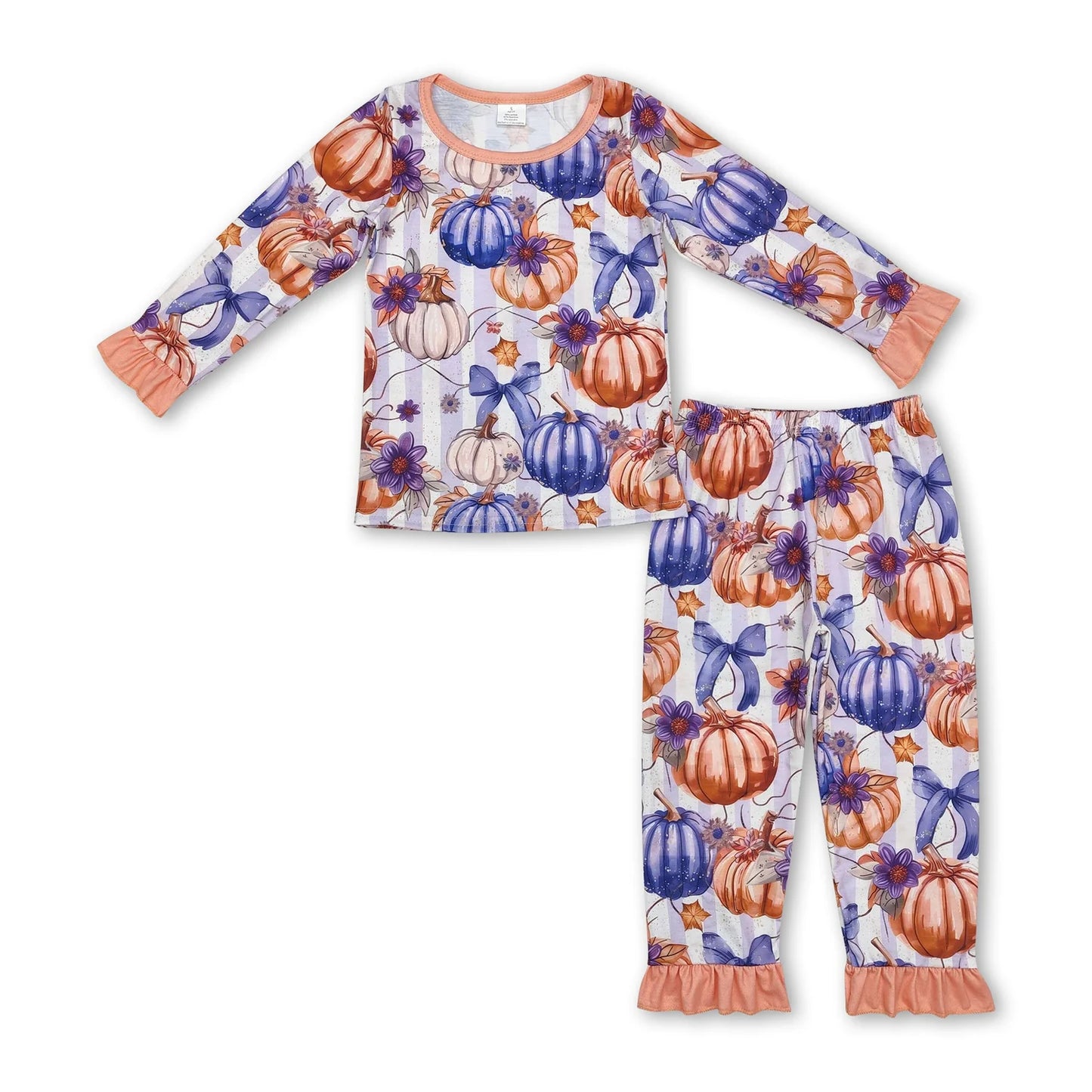 RTS NO MOQ Sibling milk silk Baby Girls Cute Pumpkin Printed Pocket Top Long Pants Pajamas Set