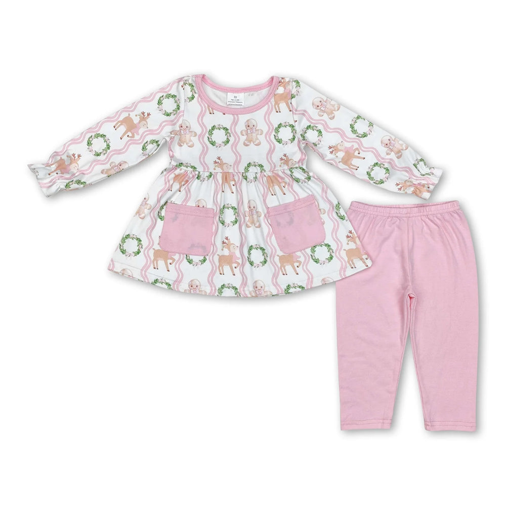 RTS NO MOQ Sibling milk silk Baby Girls Pink Santa Print Long Tunic Top Leggings Two Piece Christmas Holiday Clothes Set