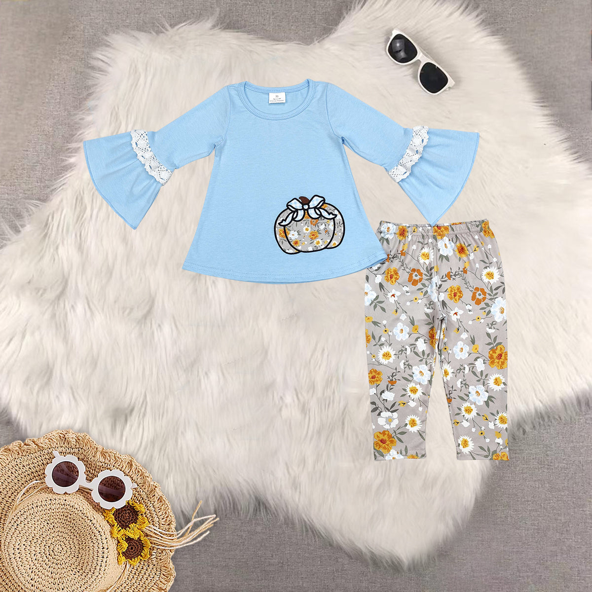 RTS NO MOQ Sibling baby girls clothes embroidery haloween pumpkin long-sleeved trousers suit & romper