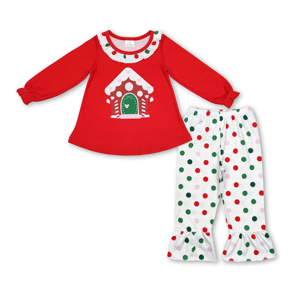 RTS NO MOQ Sibling milk silk Baby Girls Red Christmas Tree Print Long Tunic Top And Ruffle Hem Pants Two Piece Festive Holiday Clothes Set
