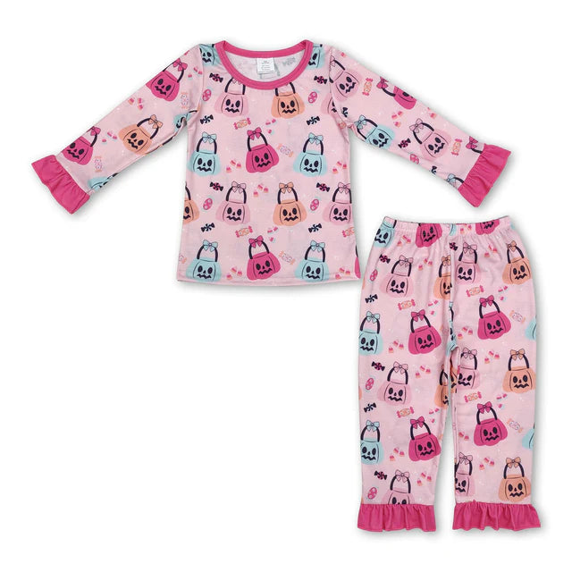RTS NO MOQ Sibling milk silk Baby Girls Pumpkin Bows Print Long Sleeve Top Pants Two Piece Bamboo Fabric Pajamas Clothes Sets