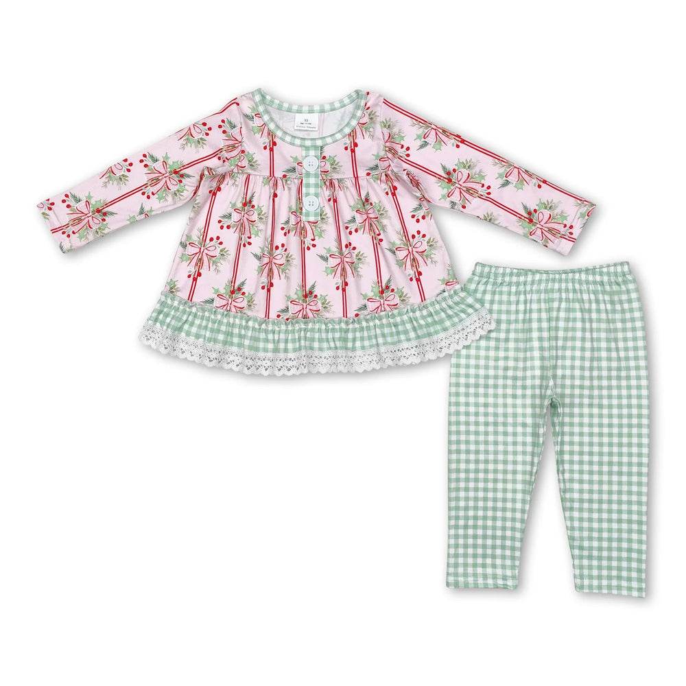 RTS NO MOQ Sibling milk silk Baby Girls Red Christmas Tree Print Long Tunic Top And Ruffle Hem Pants Two Piece Festive Holiday Clothes Set