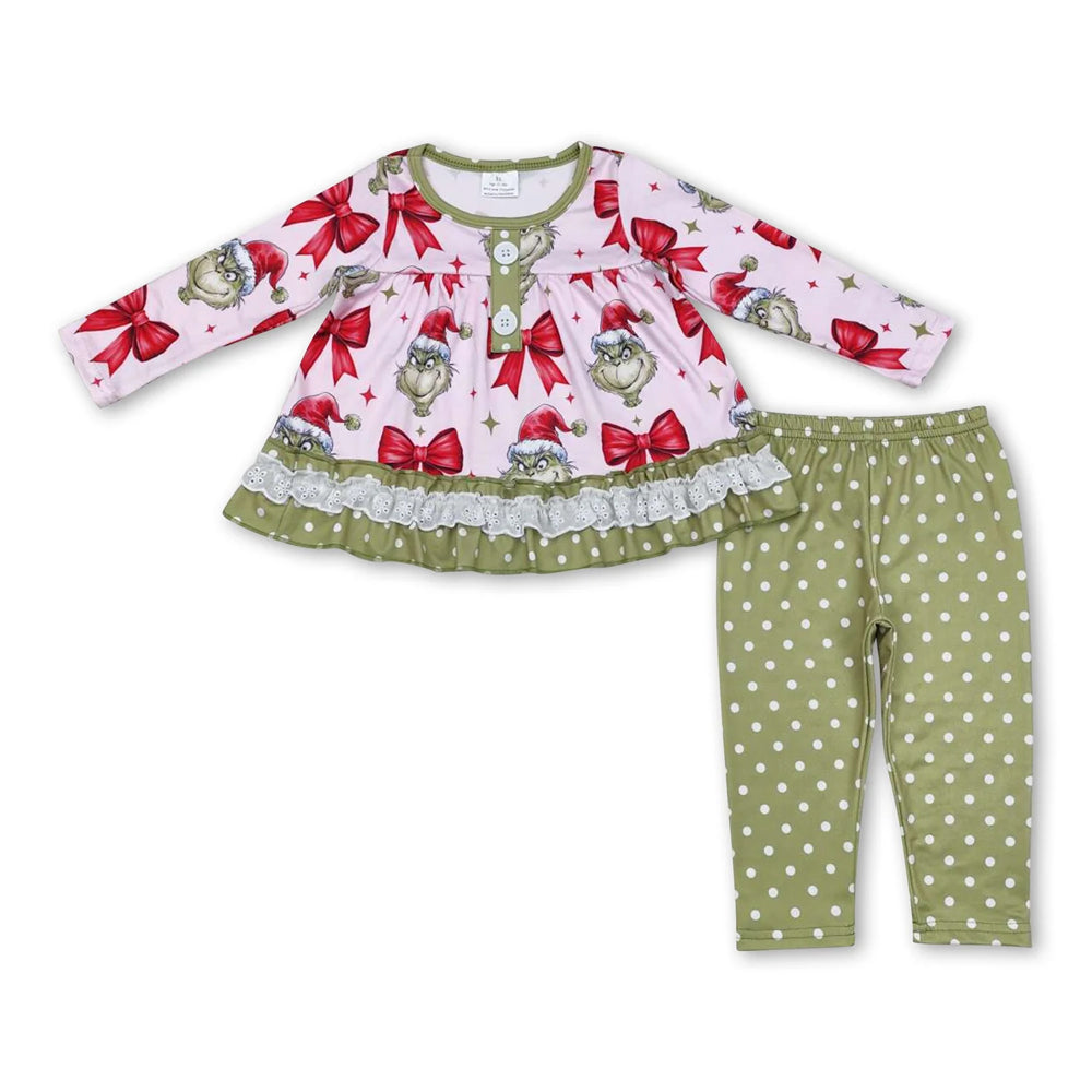 RTS NO MOQ Sibling milk silk Baby Girls Red Christmas Tree Print Long Tunic Top And Ruffle Hem Pants Two Piece Festive Holiday Clothes Set