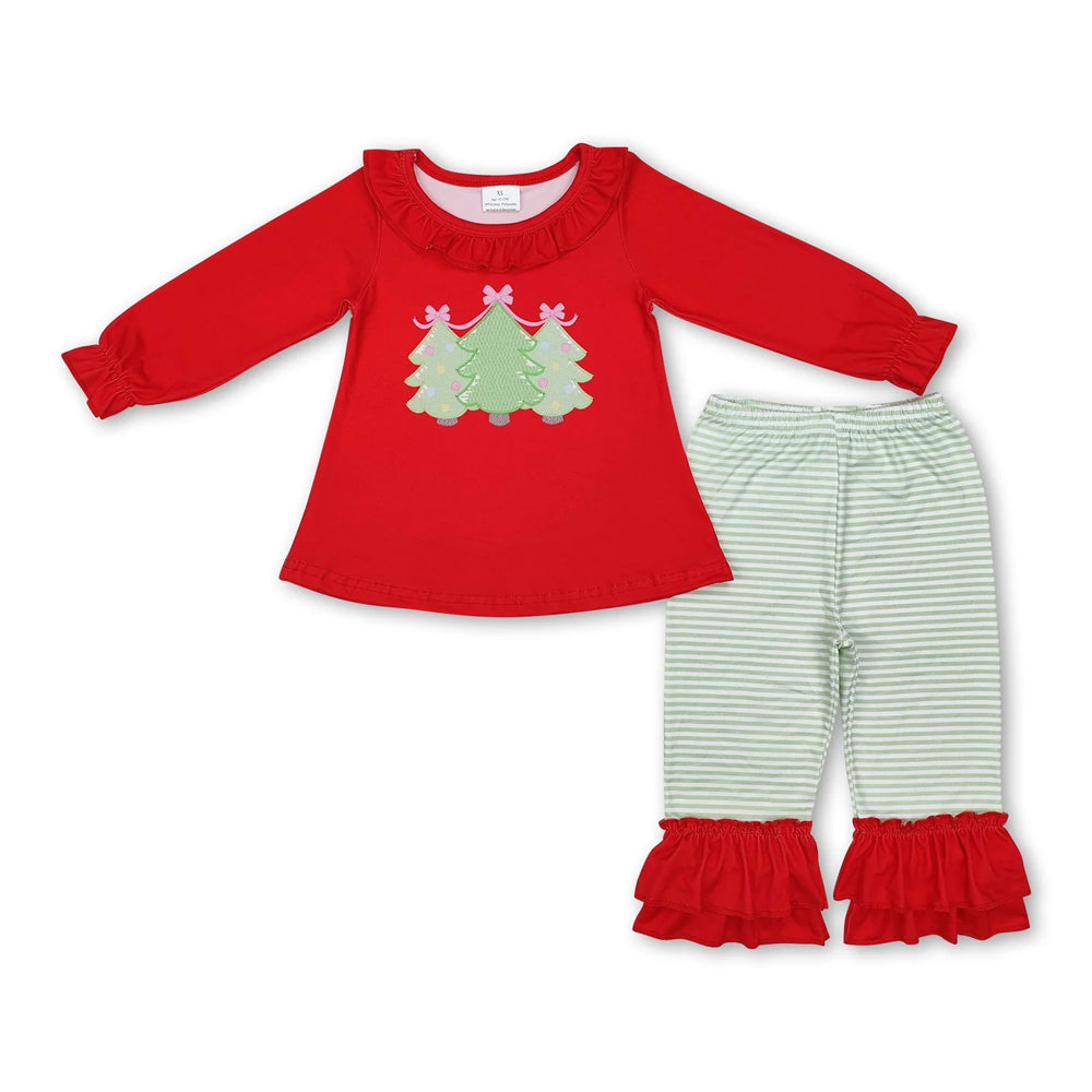 RTS NO MOQ Sibling milk silk Baby Girls Red Christmas Tree Print Long Tunic Top And Ruffle Hem Pants Two Piece Festive Holiday Clothes Set