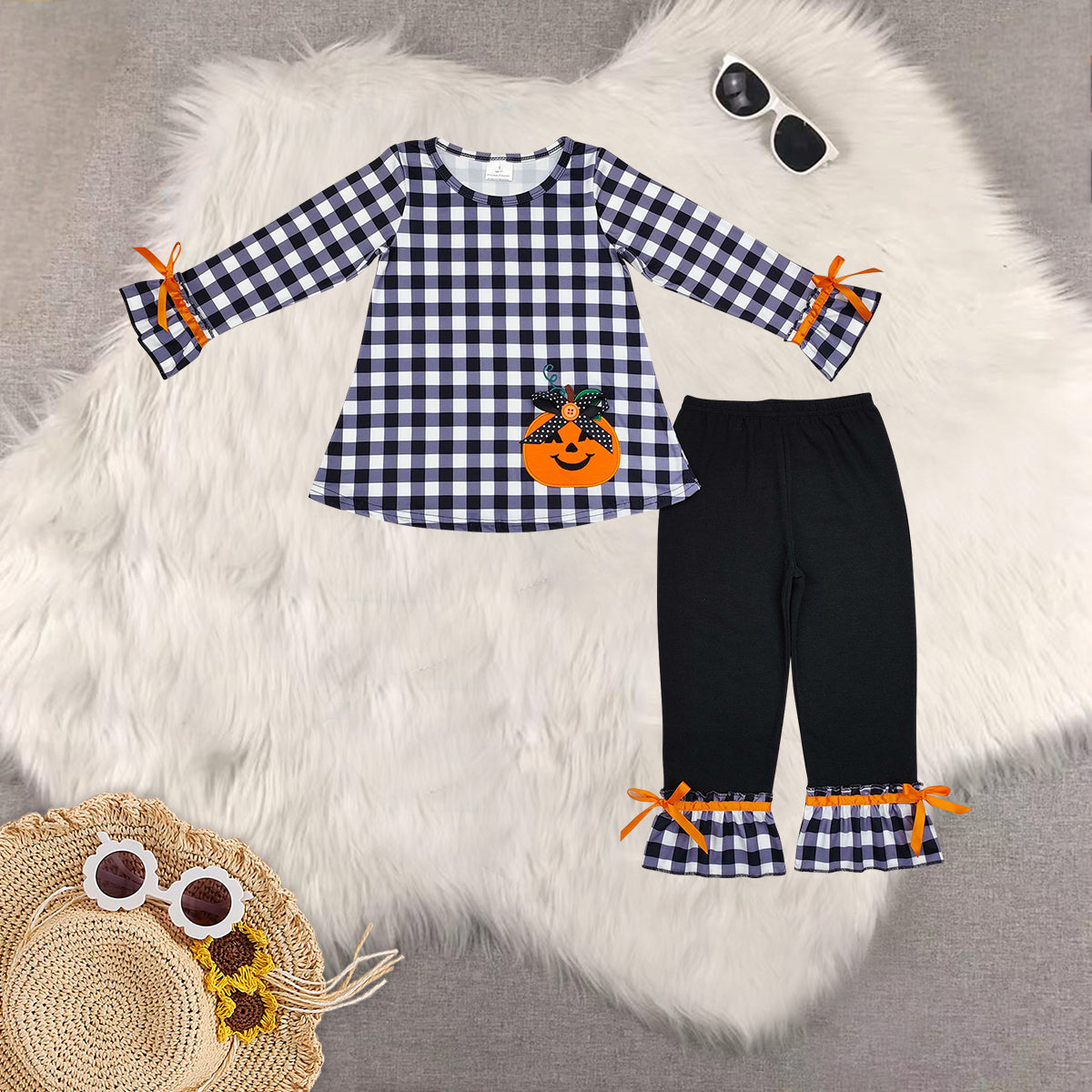RTS NO MOQ Sibling Baby Girls embroidery pumpkin Long Sleeve Pants Set