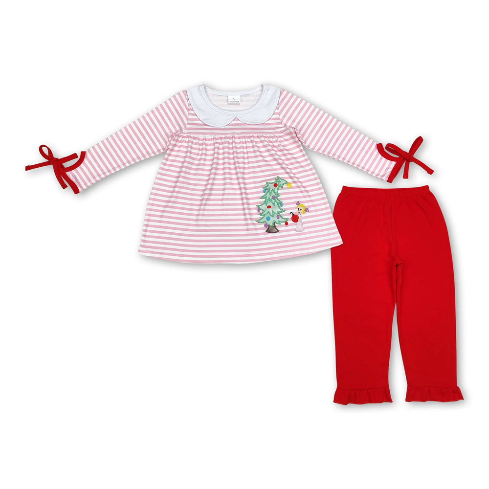 RTS NO MOQ Sibling milk silk Baby Girls Red Christmas Tree Print Long Tunic Top And Ruffle Hem Pants Two Piece Festive Holiday Clothes Set