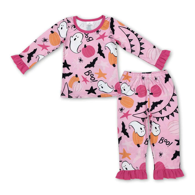 RTS NO MOQ Sibling milk silk Baby Girls Pumpkin Bows Print Long Sleeve Top Pants Two Piece Bamboo Fabric Pajamas Clothes Sets