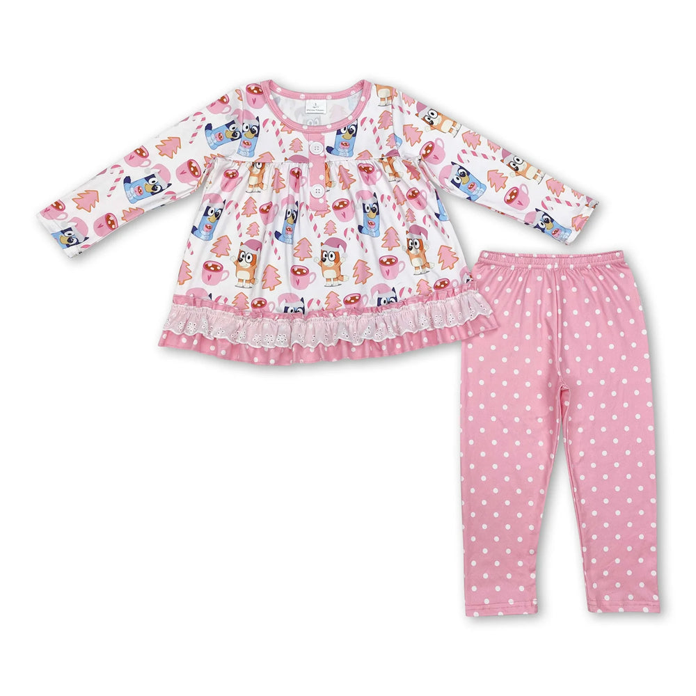 RTS NO MOQ Sibling milk silk Baby Girls Red Christmas Tree Print Long Tunic Top And Ruffle Hem Pants Two Piece Festive Holiday Clothes Set