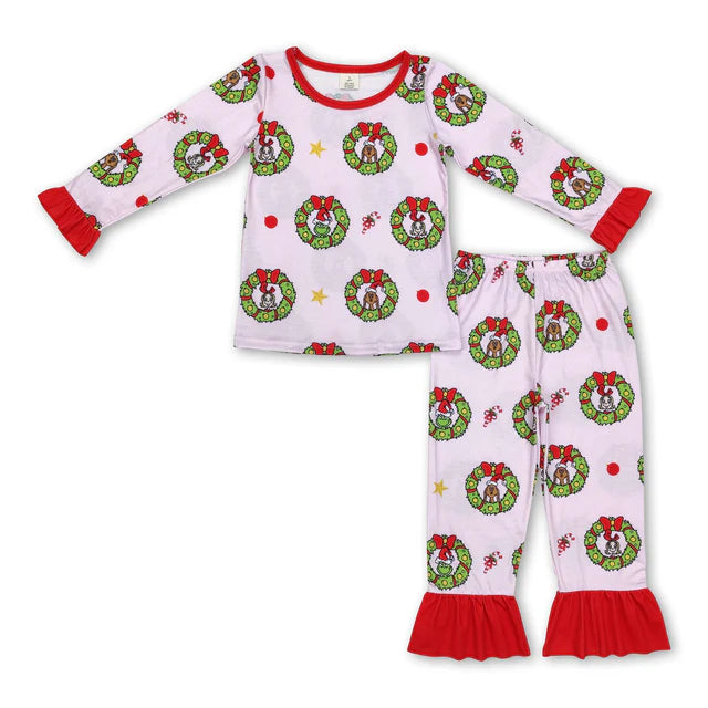 RTS NO MOQ Sibling milk silk Baby Girls Christmas Tree And Cake Print Shirt Pants Bamboo Pajamas Clothes Set