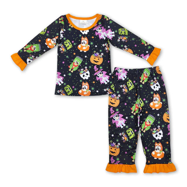 RTS NO MOQ Sibling milk silk Baby Girls Pumpkin Bows Print Long Sleeve Top Pants Two Piece Bamboo Fabric Pajamas Clothes Sets