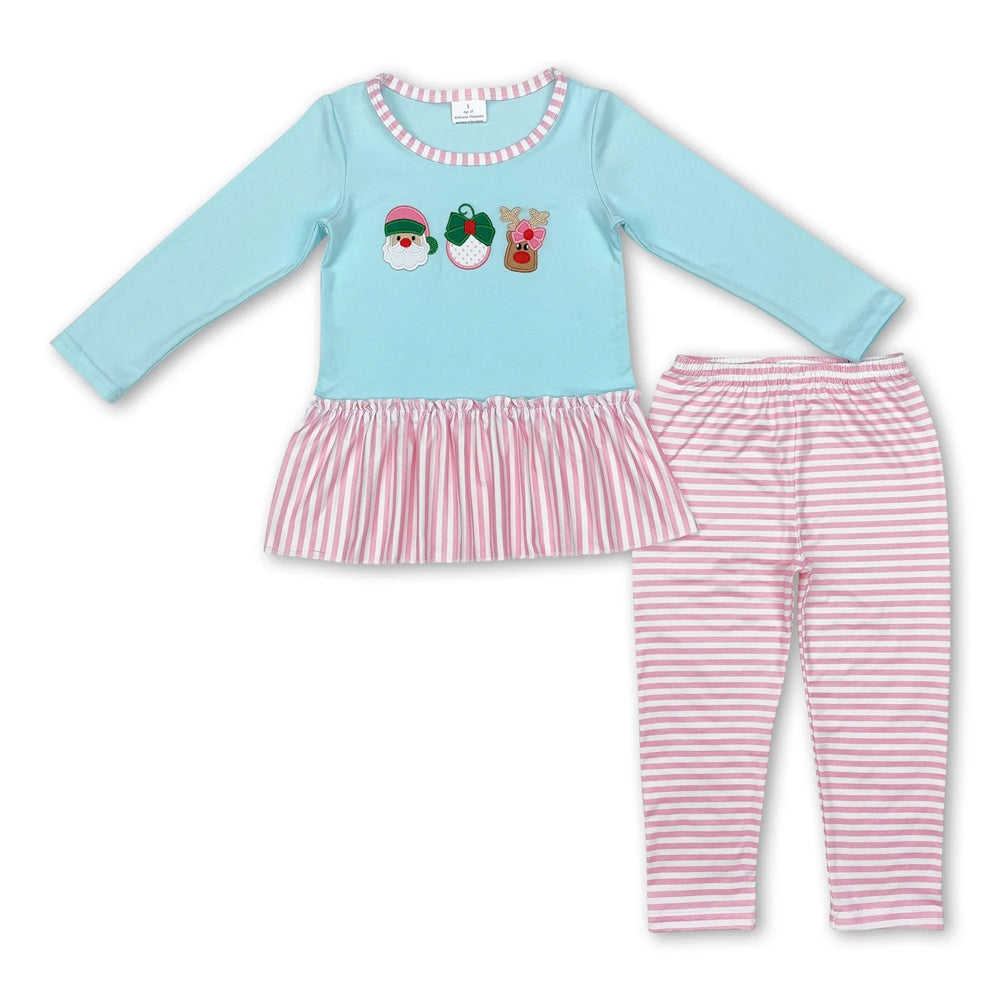 RTS NO MOQ Sibling milk silk Baby Girls Red Christmas Tree Print Long Tunic Top And Ruffle Hem Pants Two Piece Festive Holiday Clothes Set
