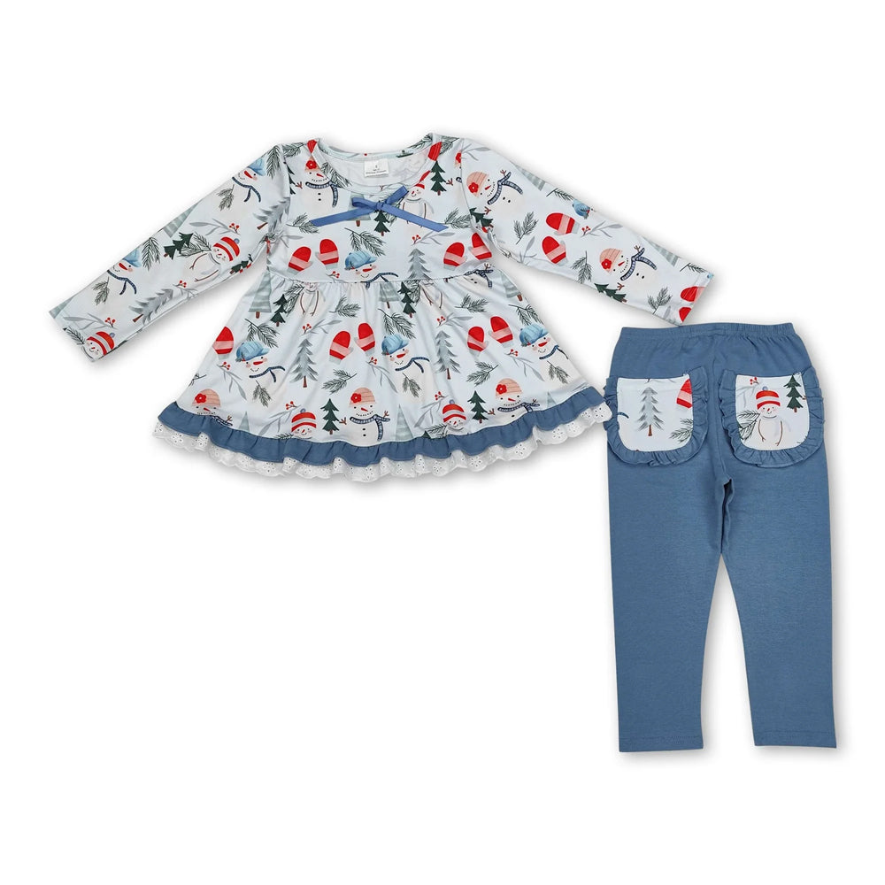 RTS NO MOQ Sibling milk silk Baby Girls Red Christmas Tree Print Long Tunic Top And Ruffle Hem Pants Two Piece Festive Holiday Clothes Set